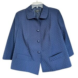 Talbots Woman Petite Navy Textured Button Front Blazer Jacket 18WP Office Siren